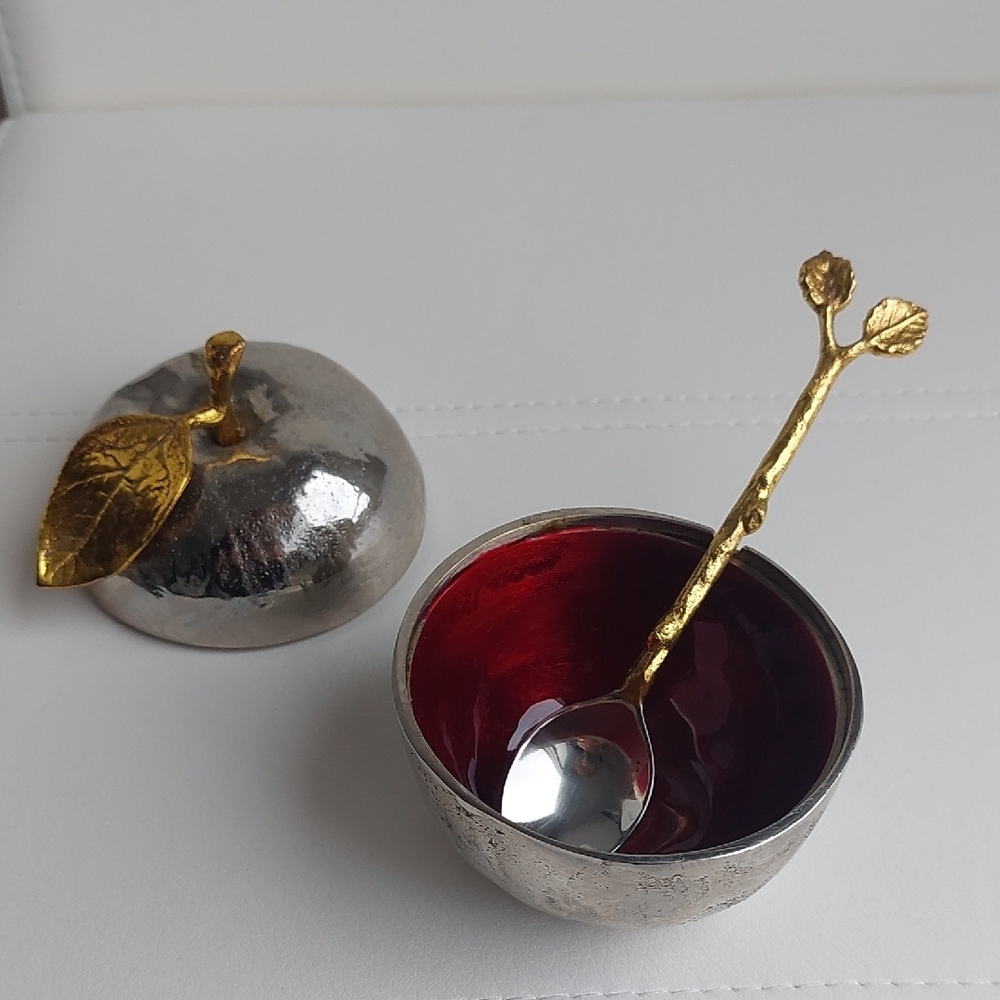 Michael ARAM Silver and Red Apple-Shaped Bowl with Spoon
